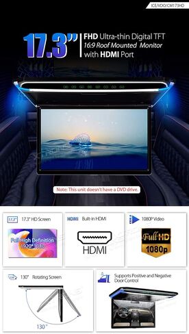 XTRONS® 17.3 بوصة 16:9 شاشة TFT رقمية رفيعة للغاية FHD 1080P مشغل فيديو علوي للسيارة شاشة مثبتة على السقف منفذ HDMI 1920 * 1080 سماعات رأس IR جديدة عالية الوضوح (أسود وأبيض) (بدون DVD) in Saudi Arabia