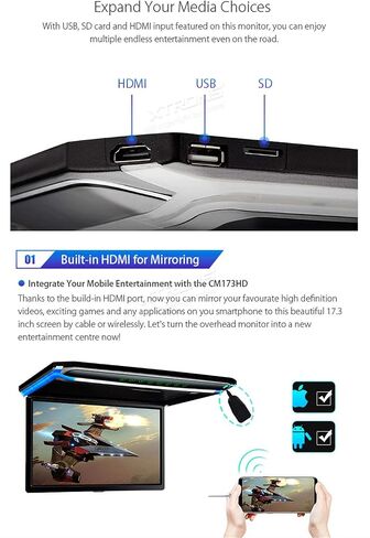 XTRONS® 17.3 بوصة 16:9 شاشة TFT رقمية رفيعة للغاية FHD 1080P مشغل فيديو علوي للسيارة شاشة مثبتة على السقف منفذ HDMI 1920 * 1080 سماعات رأس IR جديدة عالية الوضوح (أسود وأبيض) (بدون DVD) in Saudi Arabia