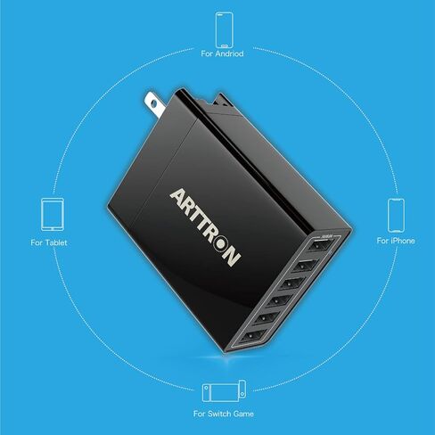 شاحن حائط، Arttron 40W 6 Port USB Charging Station، USB Wall Charger multiport and Foldable Plug for iPhone 13/12/11/XR/X/8/7/Plus، iPad Pro/Air 2/Mini، Galaxy S9/S8/S7 /S6، نوت، إل جي، إتش تي سي والمزيد. in Kuwait