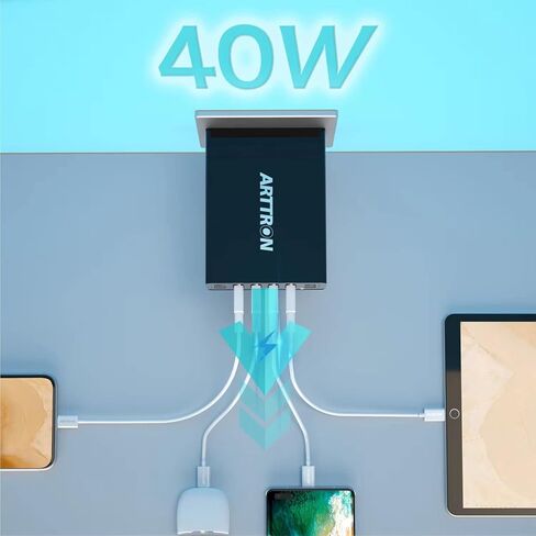 شاحن حائط، Arttron 40W 6 Port USB Charging Station، USB Wall Charger multiport and Foldable Plug for iPhone 13/12/11/XR/X/8/7/Plus، iPad Pro/Air 2/Mini، Galaxy S9/S8/S7 /S6، نوت، إل جي، إتش تي سي والمزيد. in Kuwait
