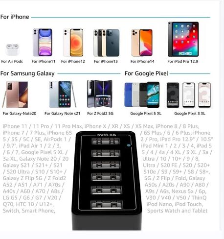 شاحن حائط، Arttron 40W 6 Port USB Charging Station، USB Wall Charger multiport and Foldable Plug for iPhone 13/12/11/XR/X/8/7/Plus، iPad Pro/Air 2/Mini، Galaxy S9/S8/S7 /S6، نوت، إل جي، إتش تي سي والمزيد. in Kuwait