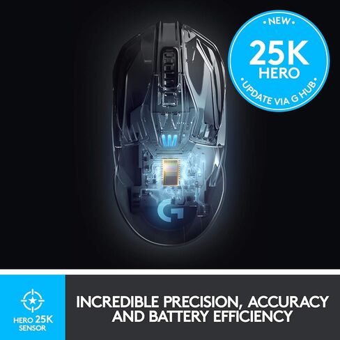 ماوس الألعاب اللاسلكي Logitech G903 LIGHTSPEED مع مستشعر Hero 25K، متوافق مع PowerPlay، عمر بطارية أكثر من 140 ساعة وLightsync RGB، يمكن استخدامه بكلتا اليدين، 107G+10G اختياري، 25600 نقطة في البوصة، أسود (متجدد) in Saudi Arabia