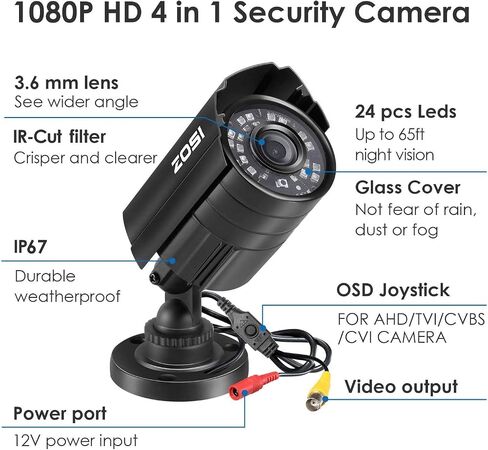 ZOSI 1080P 4-in-1 HD TVI/CVI/AHD/CVBS 1920TVL 2.0MP Hi-Resolution CCTV Camera Home Security System 65ft Day/Night Vision for HD-TVI, AHD, CVI, and CVBS/960H Analog DVR (Renewed) in Saudi Arabia