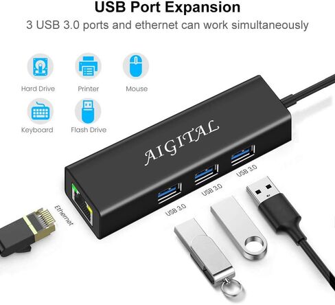 USB C Hub, Aigital USB C to USB Adapter with 3 USB3.0 Ports, 10/100/1000Mbps USB to Ethernet Adapter, Portable USB C Hub Multiport Adapter for MacBook Pro Air Chromebook and Type C Devices in Kuwait