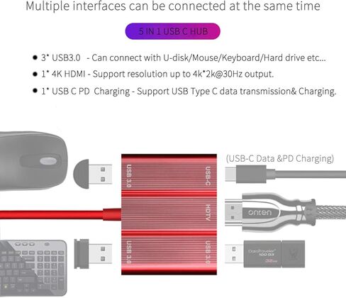 محول USB C 5 في 1، موزع YMY USB من النوع C إلى HDMI 4K، USB3.0 وUSB C PD شحن متوافق مع Apple MacBook Pro، Dell XPS، Chromebook Pixel، Lumia950 (5 في 1، أسود) in Kuwait