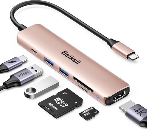 محور USB C، محول متعدد المنافذ USB C 7 في 1 من Beikell مع HDMI 4K، 100 وات PD، 2 منافذ بيانات USB A 3.0، SD&TF في وقت واحد، سبيكة ألومنيوم رفيعة للغاية لجهاز MacBook Pro/Air، iPad Pro/Air، Surface إلخ - وردي ذهب in Kuwait