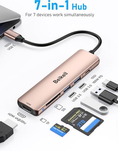 محور USB C، محول متعدد المنافذ USB C 7 في 1 من Beikell مع HDMI 4K، 100 وات PD، 2 منافذ بيانات USB A 3.0، SD&TF في وقت واحد، سبيكة ألومنيوم رفيعة للغاية لجهاز MacBook Pro/Air، iPad Pro/Air، Surface إلخ - وردي ذهب in Kuwait