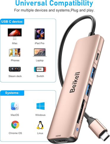 محور USB C، محول متعدد المنافذ USB C 7 في 1 من Beikell مع HDMI 4K، 100 وات PD، 2 منافذ بيانات USB A 3.0، SD&TF في وقت واحد، سبيكة ألومنيوم رفيعة للغاية لجهاز MacBook Pro/Air، iPad Pro/Air، Surface إلخ - وردي ذهب in Kuwait
