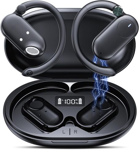 Open Ear Earbuds, F15 Bluetooth Earbuds Wireless Charging, Deep Bass, Open Fit, 60HRS Playtime, Digital Display Charging Case, Bone Conduction Earbuds with Mic for Workout, Running, Cycling, Walking in Kuwait