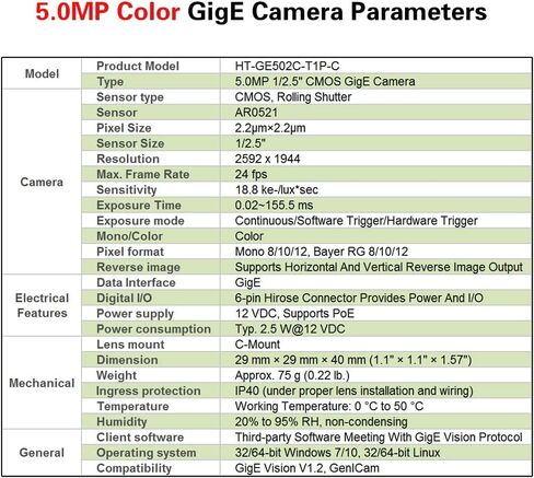 HTENG VISHI GigE Ethernet 5.0MP 1/2.5" Color Industrial Camera Machine Vision Rolling Shutter C-Mouth Area Scan Camera Sensor 2592X1944 24FPS in Kuwait
