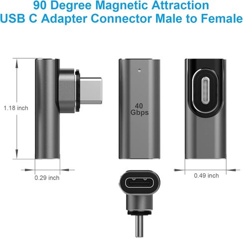 USB C Magnetic 90 درجة 24-Pin موصل محول ذكر إلى أنثى دعم PD 100W شحن سريع، 40 جيجا بايت في الثانية وإخراج فيديو 4K @60 هرتز متوافق مع جميع أجهزة USB النوع C. (رمادي داكن) in Kuwait