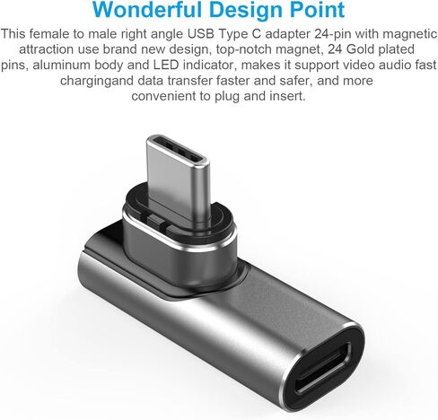 USB C Magnetic 90 درجة 24-Pin موصل محول ذكر إلى أنثى دعم PD 100W شحن سريع، 40 جيجا بايت في الثانية وإخراج فيديو 4K @60 هرتز متوافق مع جميع أجهزة USB النوع C. (رمادي داكن) in Kuwait