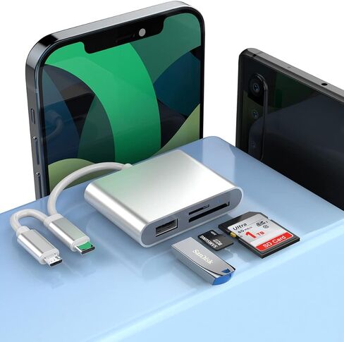 محول قارئ بطاقة الذاكرة نوع C + Micro USB الى SD وTF، قارئ بطاقات مزدوج الموصل للهواتف الذكية التي تعمل بنظام اندرويد والكاميرا واللابتوب والتابلت متوافق مع ويندوز/ماك او اس/لينكس، فضي in Kuwait