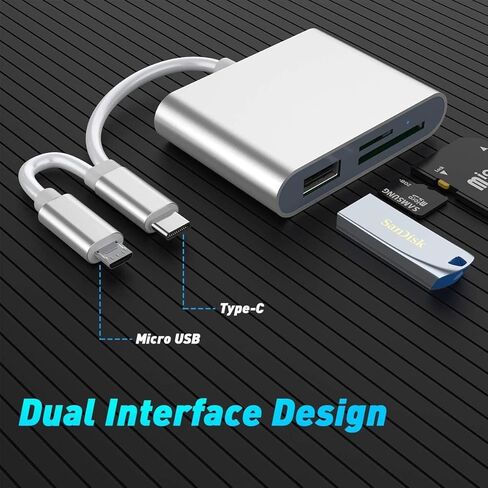 محول قارئ بطاقة الذاكرة نوع C + Micro USB الى SD وTF، قارئ بطاقات مزدوج الموصل للهواتف الذكية التي تعمل بنظام اندرويد والكاميرا واللابتوب والتابلت متوافق مع ويندوز/ماك او اس/لينكس، فضي in Kuwait