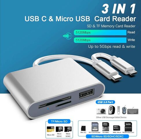 محول قارئ بطاقة الذاكرة نوع C + Micro USB الى SD وTF، قارئ بطاقات مزدوج الموصل للهواتف الذكية التي تعمل بنظام اندرويد والكاميرا واللابتوب والتابلت متوافق مع ويندوز/ماك او اس/لينكس، فضي in Kuwait
