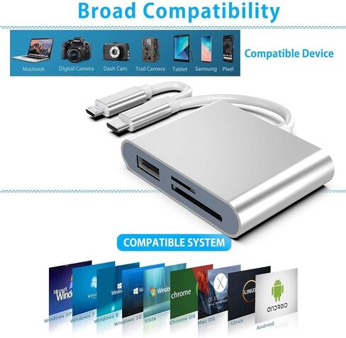 محول قارئ بطاقة الذاكرة نوع C + Micro USB الى SD وTF، قارئ بطاقات مزدوج الموصل للهواتف الذكية التي تعمل بنظام اندرويد والكاميرا واللابتوب والتابلت متوافق مع ويندوز/ماك او اس/لينكس، فضي in Kuwait