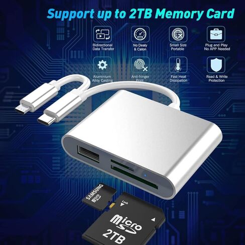 محول قارئ بطاقة الذاكرة نوع C + Micro USB الى SD وTF، قارئ بطاقات مزدوج الموصل للهواتف الذكية التي تعمل بنظام اندرويد والكاميرا واللابتوب والتابلت متوافق مع ويندوز/ماك او اس/لينكس، فضي in Kuwait