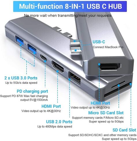 ايكسا موزع USB C ثلاثي الشاشة مع 2 HDMI 4K، 8 في 1 USB نوع C مزدوج HDMI قاعدة شحن لماك بوك برو واير 2019/2018/2017/2016 8 في 1 فضي in Kuwait