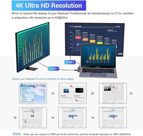 ايكسا موزع USB C ثلاثي الشاشة مع 2 HDMI 4K، 8 في 1 USB نوع C مزدوج HDMI قاعدة شحن لماك بوك برو واير 2019/2018/2017/2016 8 في 1 فضي in Kuwait