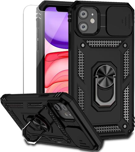 حافظة لهاتف iPhone 11 مع غطاء عدسة الكاميرا وواقي شاشة HD، طبقة مزدوجة [حماية من السقوط من الدرجة العسكرية بطول 15 قدمًا] حافظة هاتف واقية بمسند وحامل حلقي مغناطيسي لهاتف iPhone 11 6.1 بوصة (أزرق داكن) in Kuwait