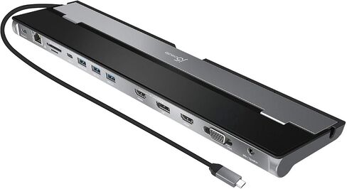 محطة إرساء j5create USB C - تدعم ما يصل إلى 3 شاشات عرض في وقت واحد | HDMI، DisplayPort، VGA، شحن سريع 100 وات PD، جيجابت إيثرنت | يأتي مع مقصورة كابل من النوع C (JCD543) (متجدد) in Kuwait
