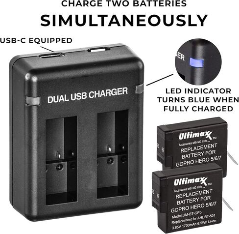 شاحن بطارية Ultimaxx مزدوج USB لبطاريات GoPro HERO 5 و6 و7 و8 مع بطاريتين بديلتين ممتدتين (1700 مللي أمبير/3.85 فولت/6.5 وات) للاستخدام مع كاميرات GoPro HERO5 وHERO6 وHERO7 وHERO8 in Saudi Arabia