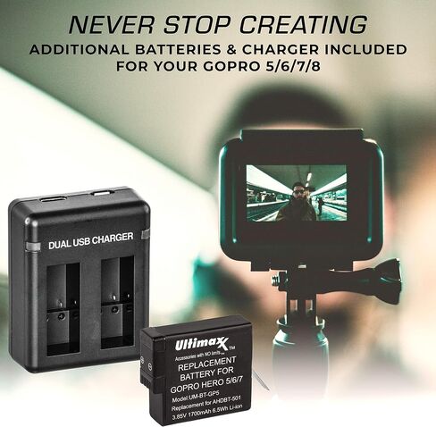 شاحن بطارية Ultimaxx مزدوج USB لبطاريات GoPro HERO 5 و6 و7 و8 مع بطاريتين بديلتين ممتدتين (1700 مللي أمبير/3.85 فولت/6.5 وات) للاستخدام مع كاميرات GoPro HERO5 وHERO6 وHERO7 وHERO8 in Saudi Arabia