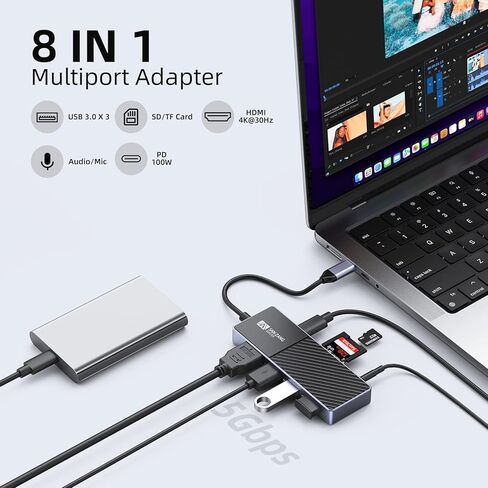 محول محور USB C مطور، محطة إرساء USB C لأجهزة Mac [مستقر للغاية]، محول USB C 8 في 1 إلى HDMI متوافق مع أجهزة الكمبيوتر المحمولة USB-C والأجهزة من النوع C (4K HDMI USB3.0 SD/TF قارئ بطاقة 100 وات PD) in Kuwait