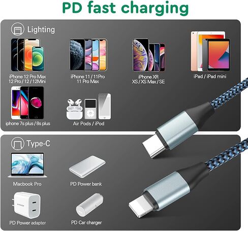 كابل USB C إلى Lighting، 2 حزمة 6FT MFi معتمد سريع 20 واط شحن متزامن سلك نايلون مضفر متوافق مع iPhone 12/12ProMax/11/11Pro/11Pro MAX/XS/XS MAX/XR/X/8/8Plus/7/7Plus والمزيد in Saudi Arabia