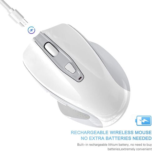 QIJIAYI ماوس كمبيوتر لاسلكي قابل لإعادة الشحن، 2.4G ماوس USB محمول بدون ضوضاء ماوس مريح - يناسب يدك بشكل جيد، 3 مستويات DPI قابلة للتعديل، مصمم لأجهزة الكمبيوتر المحمول والكمبيوتر الشخصي والكمبيوتر المحمول (أبيض) in Kuwait