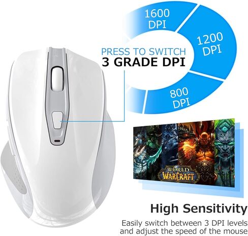 QIJIAYI ماوس كمبيوتر لاسلكي قابل لإعادة الشحن، 2.4G ماوس USB محمول بدون ضوضاء ماوس مريح - يناسب يدك بشكل جيد، 3 مستويات DPI قابلة للتعديل، مصمم لأجهزة الكمبيوتر المحمول والكمبيوتر الشخصي والكمبيوتر المحمول (أبيض) in Kuwait