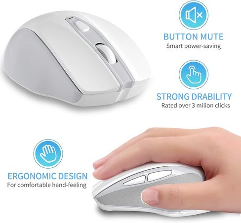 QIJIAYI ماوس كمبيوتر لاسلكي قابل لإعادة الشحن، 2.4G ماوس USB محمول بدون ضوضاء ماوس مريح - يناسب يدك بشكل جيد، 3 مستويات DPI قابلة للتعديل، مصمم لأجهزة الكمبيوتر المحمول والكمبيوتر الشخصي والكمبيوتر المحمول (أبيض) in Kuwait