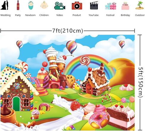 Candyland Backdrop 8x6FT Cartoon Rainbow Lollipop Icecream Sweet Donut Candy Photography Background for 1st First Birthday Party Decoration Baby Shower Photo Props (96x72 inch) in Kuwait