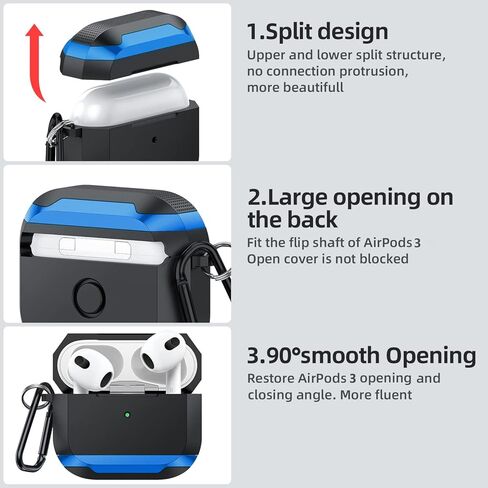 ULAK متوافق مع غطاء حافظة AirPods 3، غطاء حماية متين بتصميم كامل الجسم مضاد للصدمات مع سلسلة مفاتيح لـ AirPods الجيل الثالث 2021 [مصباح أمامي مرئي]، أزرق in Kuwait