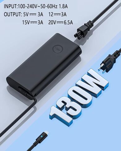 130W Dell Laptop Charger USB C Type C AC Adapter Replacement for Dell Precision 5530 5560 XPS 15 9575 2-in-1 9570 9500 XPS 17 9710 9700 Power Supply Adapter Cord in Kuwait