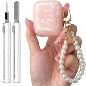 Luxury Pearl Keychain Airpods 2/1 Case Cover with Cleaner kit, Cute Glitter TPU Protective Case for Girls Women Compatible with Airpod 2nd&1st Generation, Apple Air pods Charging Case Accessories-Pink in Kuwait
