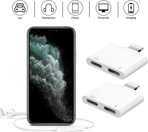[Apple MFi Certified] iPhone Adapter,2 Pack Headphone Adapter for iPhone, Dual Lightning Audio + Charger Adapter Dongle Cable Splitter Compatible with iPhone 14/14 Pro Max/13/12/11/SE/X/XS/8/7/6/5 in Kuwait
