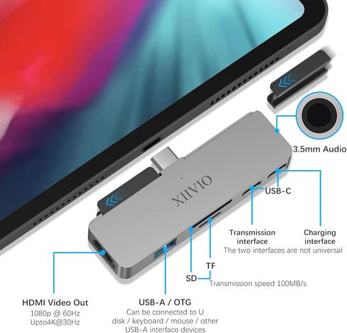 موزع USB C لايباد برو 2019 2018، محول زدفيو 7 في 1 USB نوع C الى 4K HDMI مع USB 3.0، شحن USB-C PD وقارئ بطاقات SD/TF، مقبس سماعة راس 3.5 ملم متوافق مع ايباد برو الجديد 2019 2018 11/12.9 انش in Kuwait