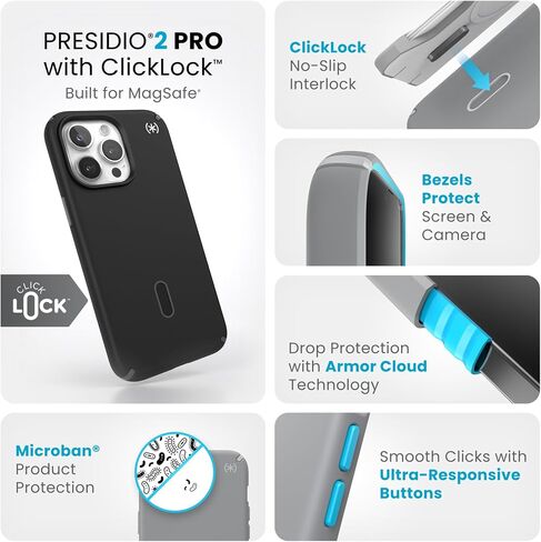 Speck iPhone 15 Pro Max Case - ClickLock No-Slip Interlock, Built for MagSafe, Drop Protection - Scratch Resistant, Soft Touch, 6.7 Inch Phone Case - Presidio2 Pro Black/Slate Grey/White in Saudi Arabia