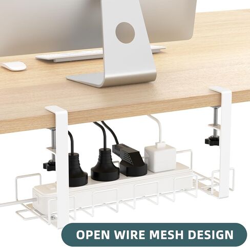 صينية إدارة الكابلات تحت المكتب من Oyydecor - 15.7 بوصة بدون إدارة كابلات الحفر تحت المكتب مع تثبيت المشابك، إدارة كابلات مكتب معدني قوي للسكن الجامعي أو المكتب أو المنزل، أبيض in Kuwait