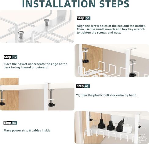 صينية إدارة الكابلات تحت المكتب من Oyydecor - 15.7 بوصة بدون إدارة كابلات الحفر تحت المكتب مع تثبيت المشابك، إدارة كابلات مكتب معدني قوي للسكن الجامعي أو المكتب أو المنزل، أبيض in Kuwait