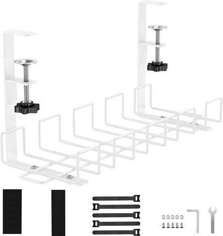 صينية إدارة الكابلات تحت المكتب من Oyydecor - 15.7 بوصة بدون إدارة كابلات الحفر تحت المكتب مع تثبيت المشابك، إدارة كابلات مكتب معدني قوي للسكن الجامعي أو المكتب أو المنزل، أبيض in Kuwait