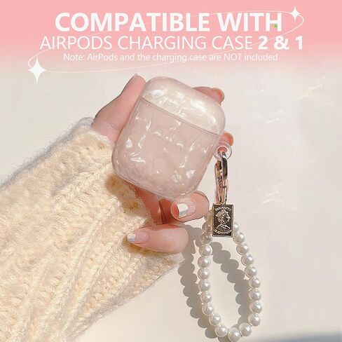 Luxury Pearl Keychain Airpods 2/1 Case Cover with Cleaner kit, Cute Glitter TPU Protective Case for Girls Women Compatible with Airpod 2nd&1st Generation, Apple Air pods Charging Case Accessories-Pink in Kuwait