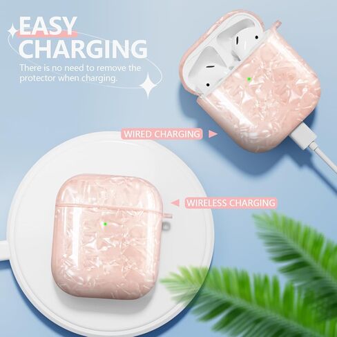 Luxury Pearl Keychain Airpods 2/1 Case Cover with Cleaner kit, Cute Glitter TPU Protective Case for Girls Women Compatible with Airpod 2nd&1st Generation, Apple Air pods Charging Case Accessories-Pink in Kuwait