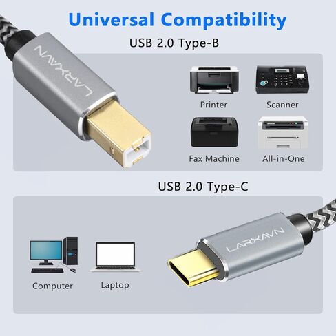 كابل طابعة Larxavn USB B إلى USB C، كابل طابعة USB C USB C إلى USB B متوافق مع الطابعة والماسح الضوئي ووحدة تحكم MIDI ولوحة مفاتيح MIDI والمزيد - 20 قدم in Kuwait
