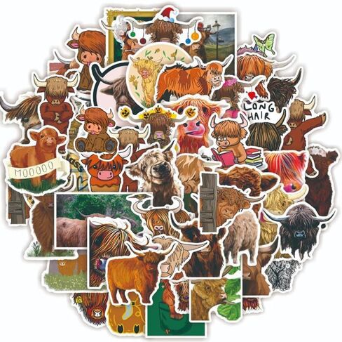 50 قطعة ملصقات بقرة المرتفعات ، ملصقات البقرة المقاومة للماء من الفينيل لزجاجات المياه والكمبيوتر المحمول وكأس القصاصات والهاتف ولوح التزلج in Kuwait