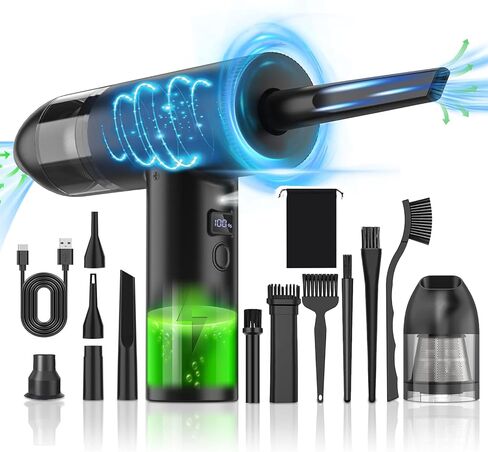 منفضة هواء مضغوطة من BENMAZ - منفضة كهربائية 110000 دورة في الدقيقة - منفاخ هواء لتنظيف لوحة مفاتيح الكمبيوتر والسيارة - منفضة هواء لاسلكية قابلة لإعادة الشحن بقوة 7600 مللي أمبير في الساعة، منظف لوحة مفاتيح الكمبيوتر، منفضة هواء كهربائية in Kuwait