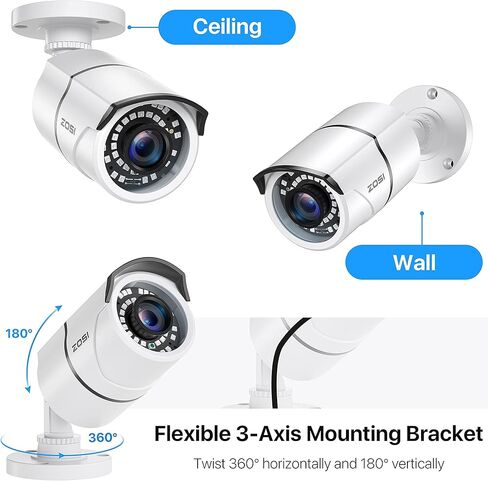 كاميرا مراقبة ZOSI 1080P 2MP 1920TVL خارجية داخلية، IP67 كاميرا مراقبة مقاومة للطقس (هجينة 4 في 1 HD-CVI/TVI/AHD/960H CVBS التناظرية)، 36 قطعة LED، رؤية ليلية بالأشعة تحت الحمراء 120 قدمًا، زاوية رؤية 105 درجة in Kuwait