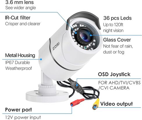 كاميرا مراقبة ZOSI 1080P 2MP 1920TVL خارجية داخلية، IP67 كاميرا مراقبة مقاومة للطقس (هجينة 4 في 1 HD-CVI/TVI/AHD/960H CVBS التناظرية)، 36 قطعة LED، رؤية ليلية بالأشعة تحت الحمراء 120 قدمًا، زاوية رؤية 105 درجة in Kuwait