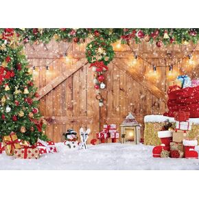 LYCGS 7X5FT Christmas Backdrop Rustic Christmas Barn Door Photography Backdrop Winter Xmas Tree Snow Haystack Gift Wall Elk Snowman Photo Background Family Holiday Supplies Banner X-69 in Kuwait